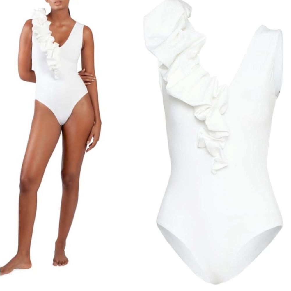 Maygel Coronel Yaneth Ivory Ruffle V Neck Modest One Piece Swimsuit One Size